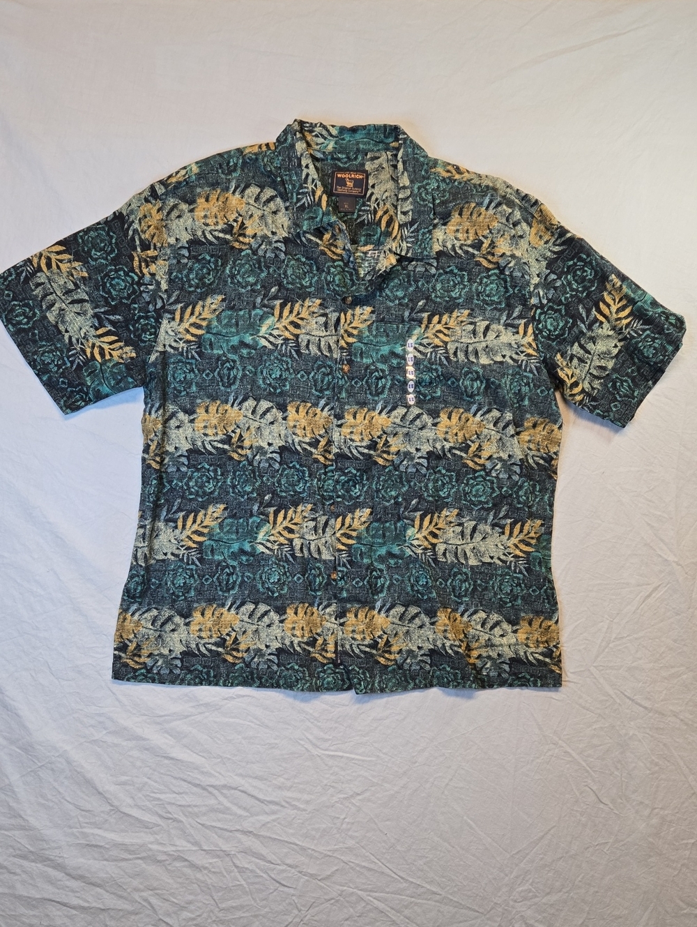 Woolrich Teal & Yellow Tropical Print Short Sleeve Button Down Casual Shirt Y2K